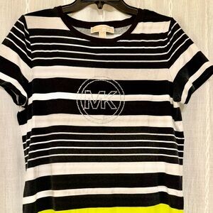 Michael Kors, embellished logo MK, black, white & yellow striped shirt. Sz. L